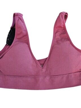 Womens Sz M Ribbed V Neck Lightly Padded Bra Dark Pink